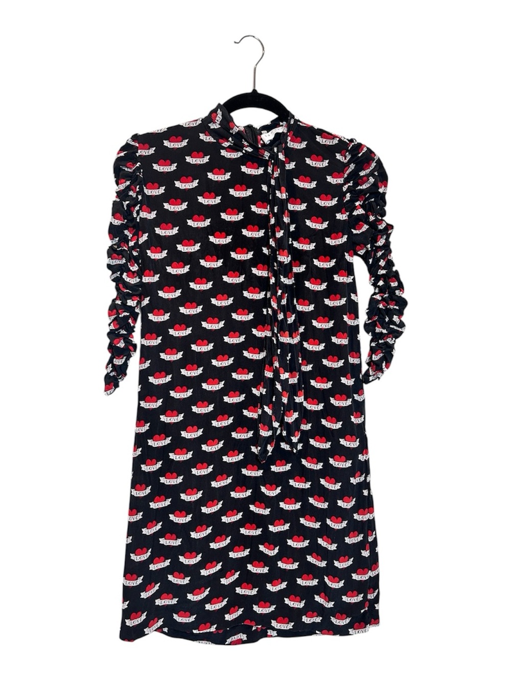 Sandro Black 100% Silk Mini Dress with Red Heart Print